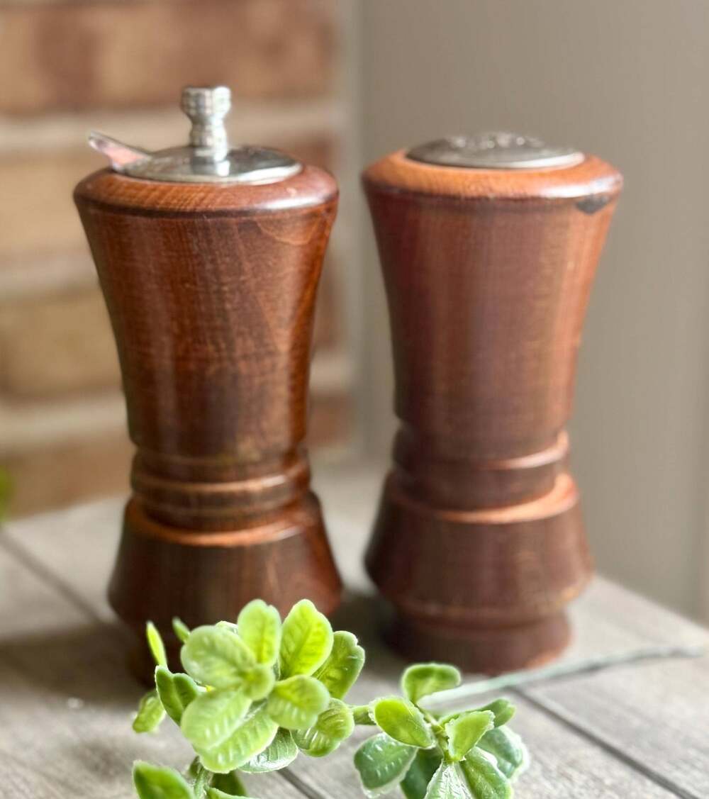 Wooden Salt Shaker and Pepper Mill Set | Mid Century Dark Wood Kitchenware